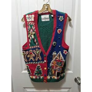 Vintage Women's PS Marisa Christina Red Christmas Gingerbread Sweater Vest